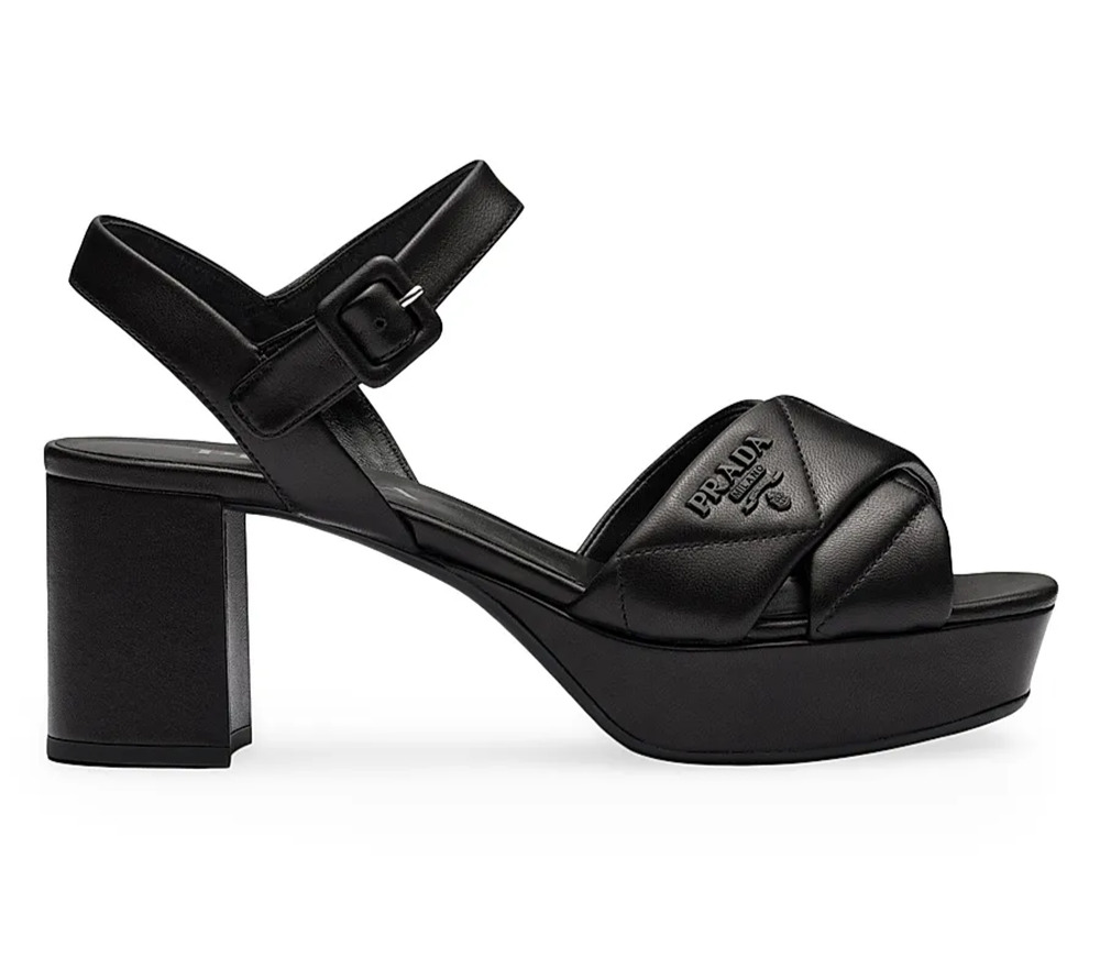 Prada 65 Black Quilted Nappa Leather Platform Sandal Ankle Strap Block Heel 41.5